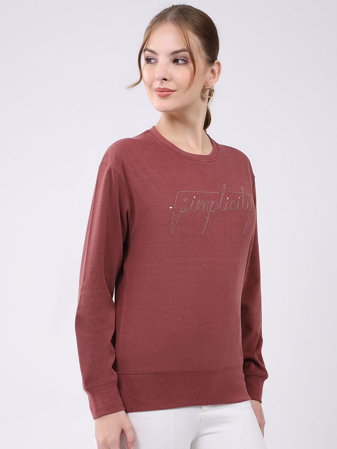 Women Burgundy Embroidered Round Neck Full Sleeve Winter Top