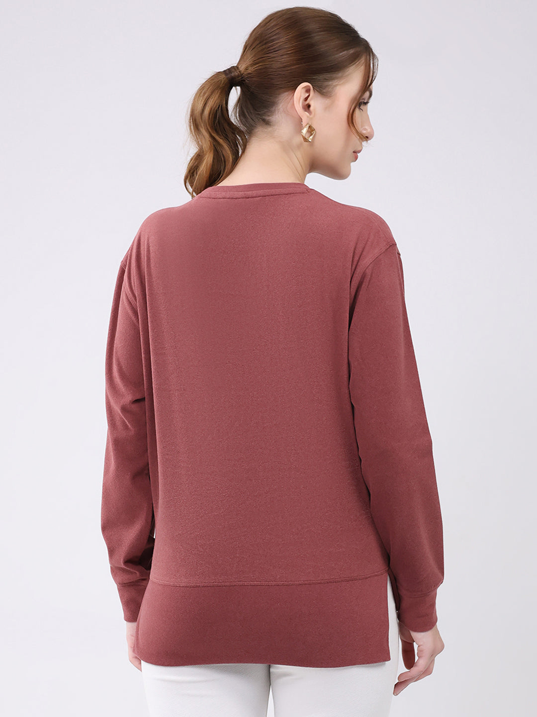 Women Burgundy Embroidered Round Neck Full Sleeve Winter Top