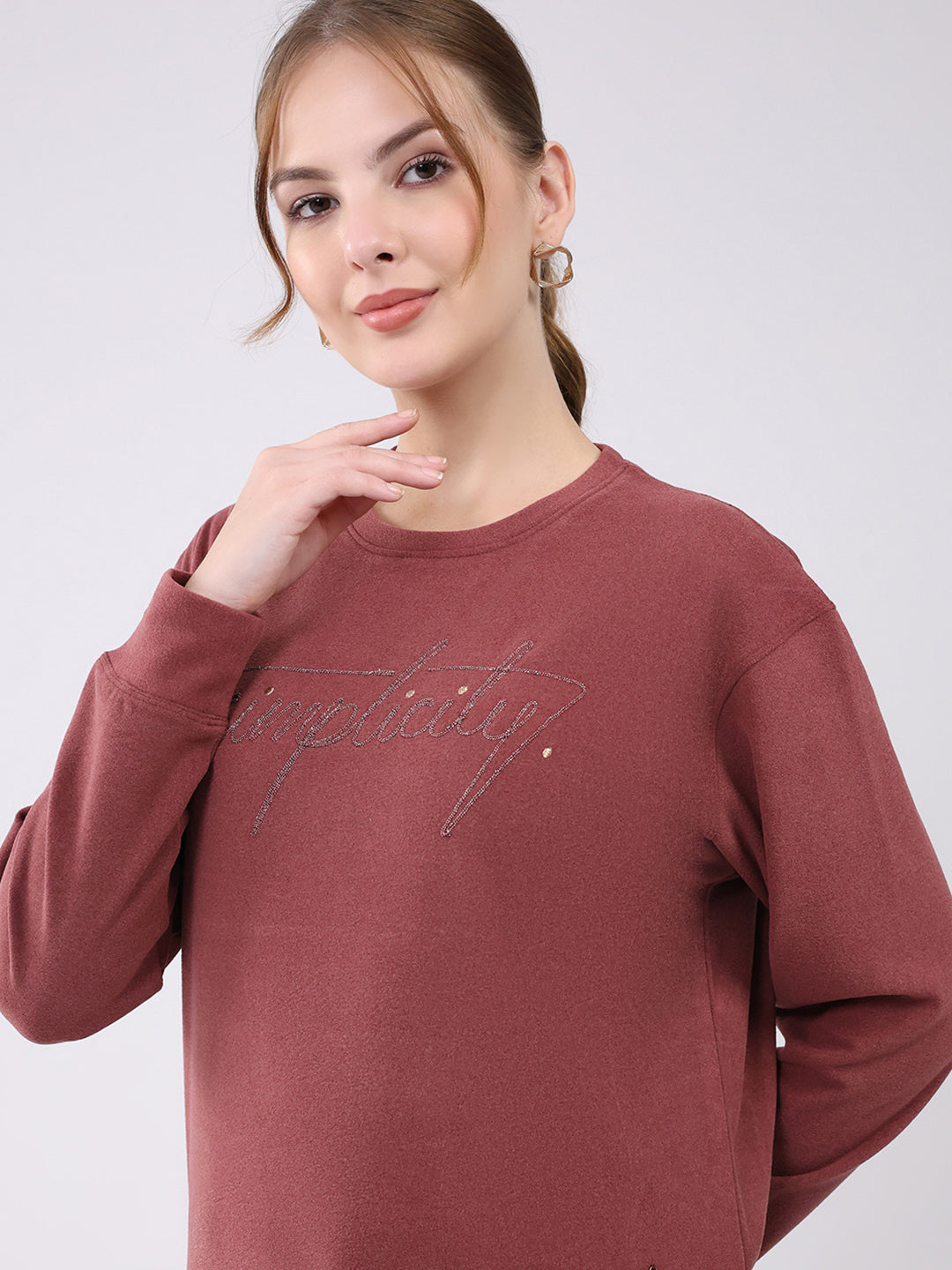 Women Burgundy Embroidered Round Neck Full Sleeve Winter Top