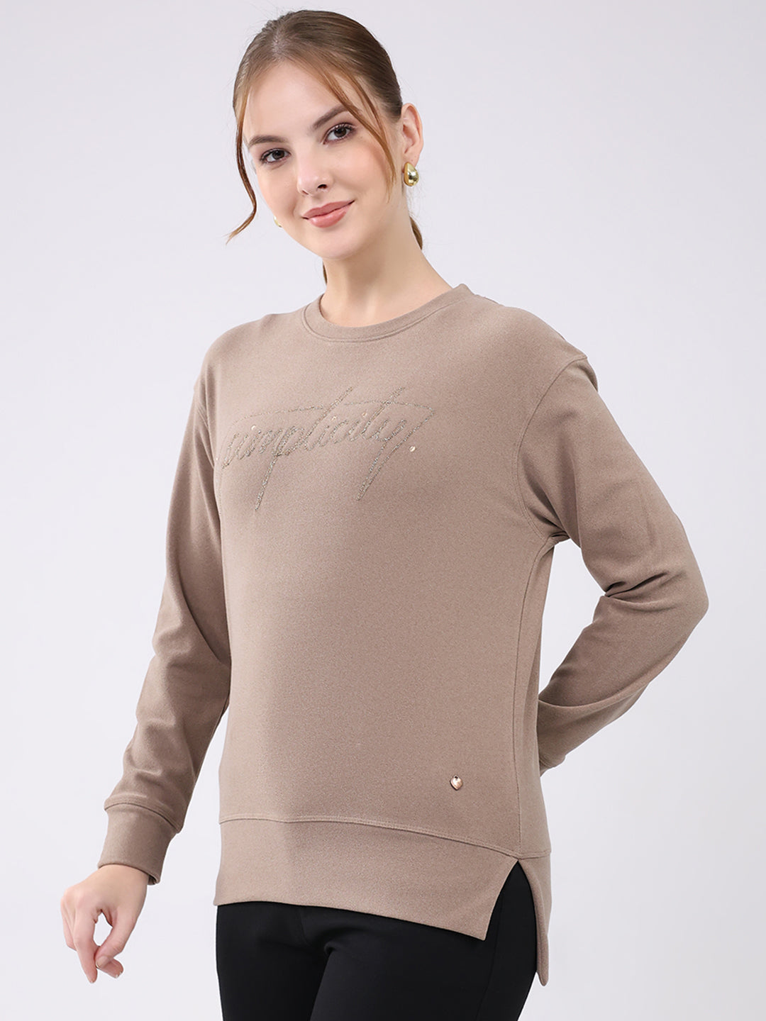 Women Camel Brown Embroidered Round Neck Full Sleeve Winter Top