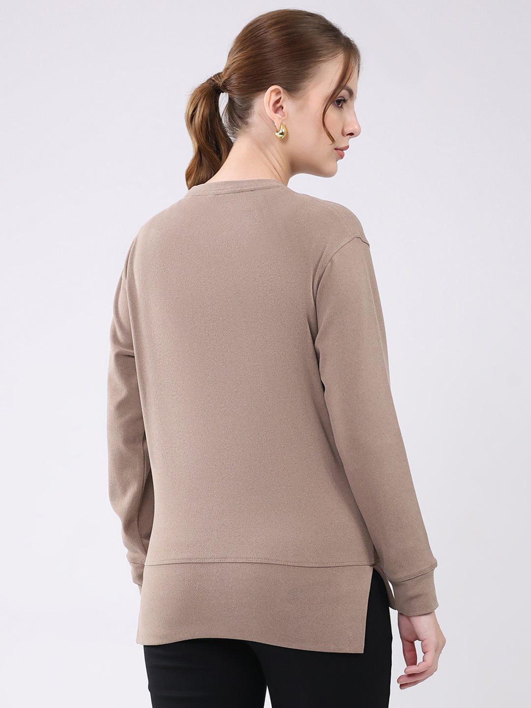 Women Camel Brown Embroidered Round Neck Full Sleeve Winter Top