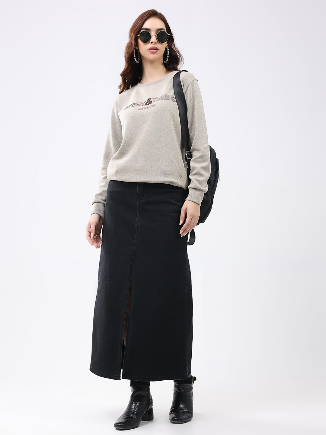 Women Beige Printed Round Neck Full Sleeve Winter Top