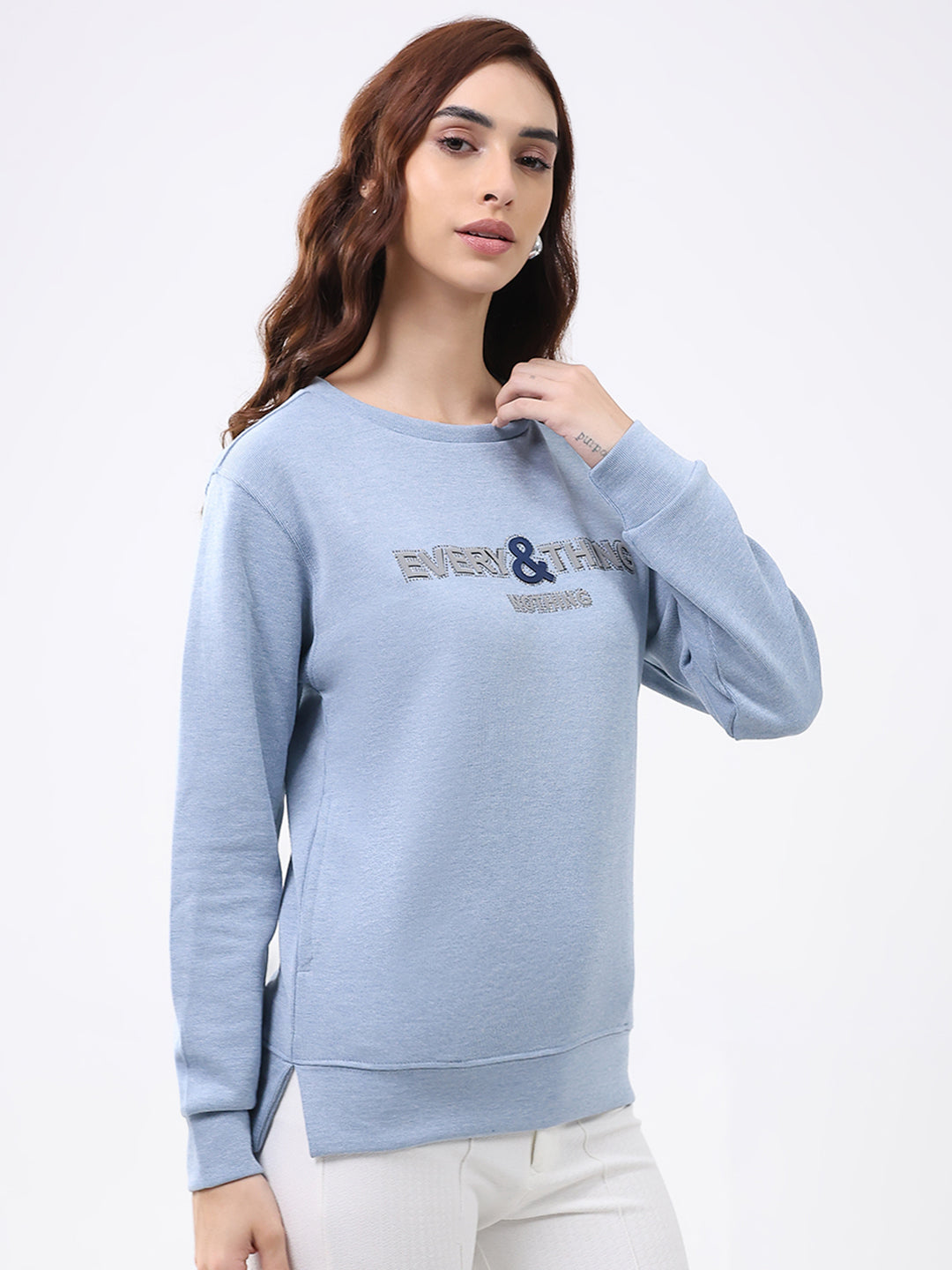 Women Blue Printed Round Neck Full Sleeve Winter Top