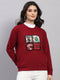 Women Maroon Printed Round Neck Full Sleeve Winter Top