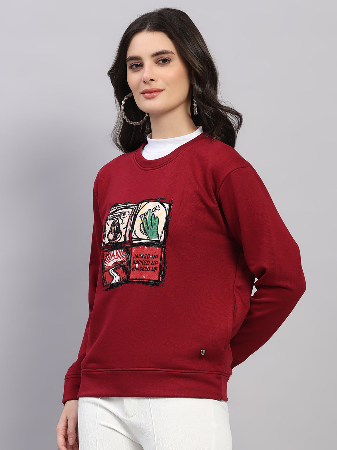 Women Maroon Printed Round Neck Full Sleeve Winter Top