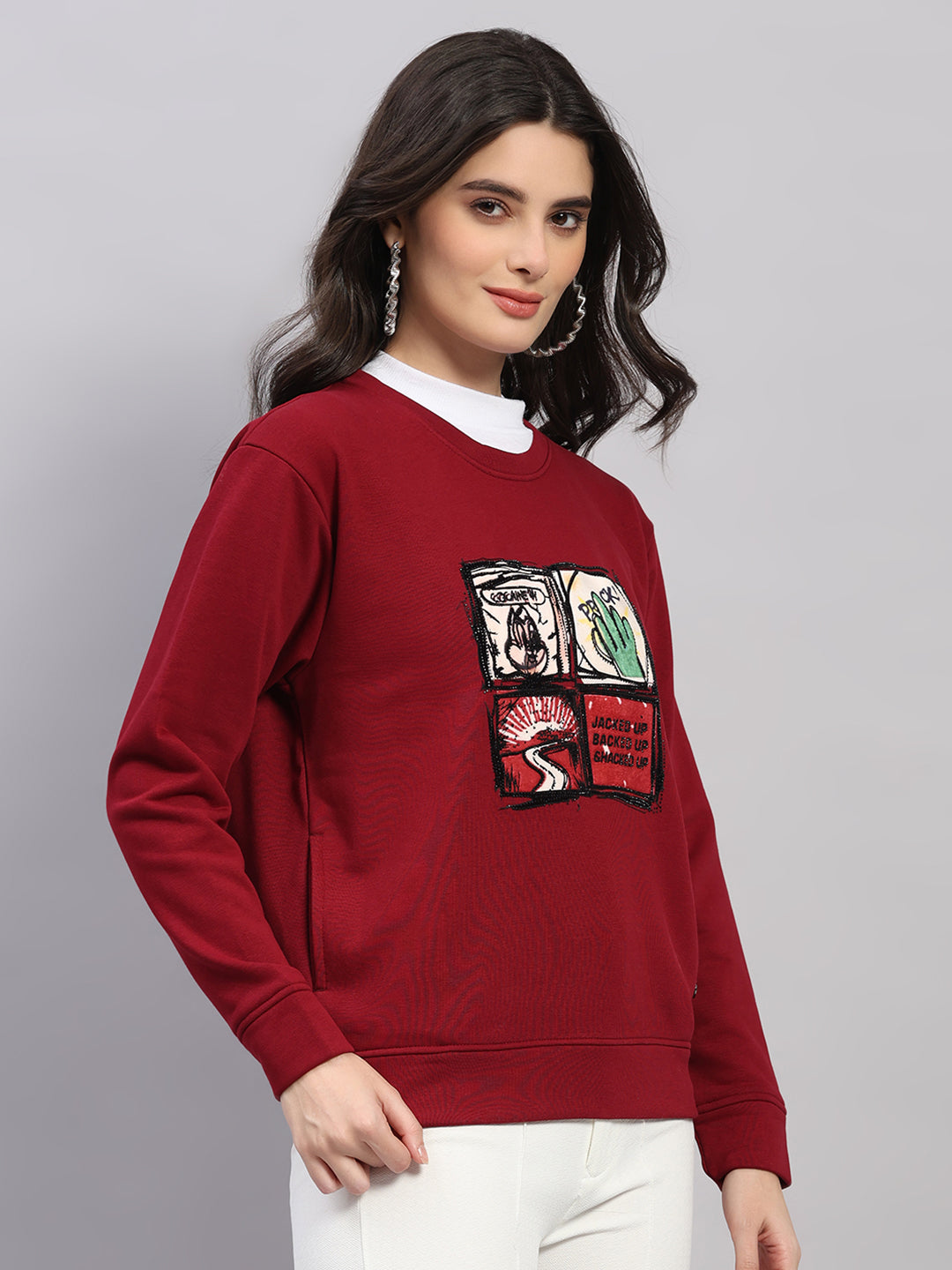 Women Maroon Printed Round Neck Full Sleeve Winter Top