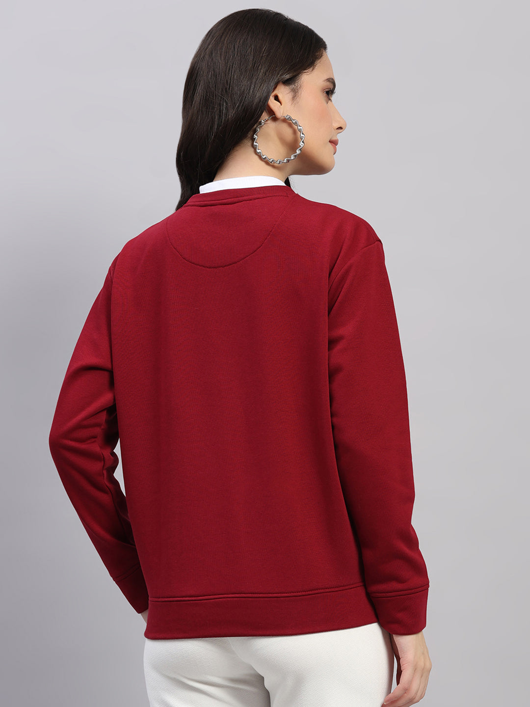 Women Maroon Printed Round Neck Full Sleeve Winter Top