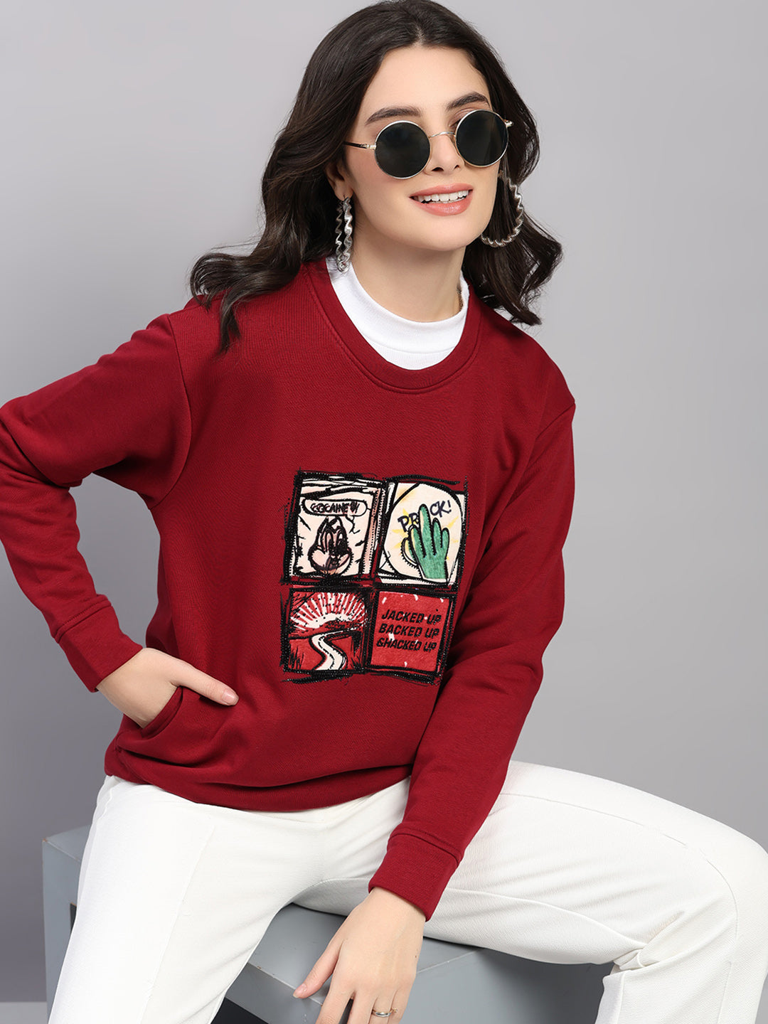 Women Maroon Printed Round Neck Full Sleeve Winter Top