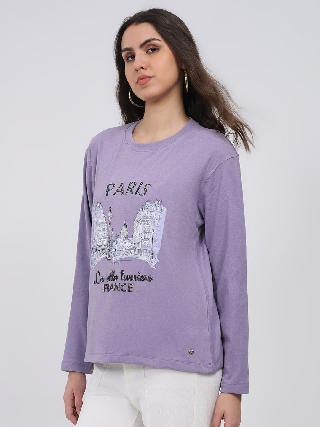 Women Purple Printed Round Neck Full Sleeve Winter Top