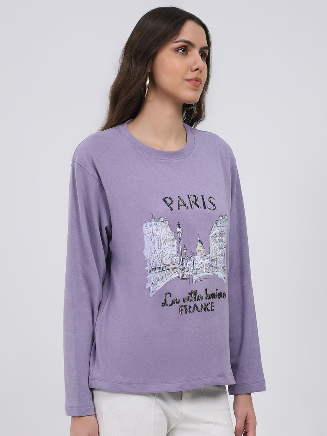 Women Purple Printed Round Neck Full Sleeve Winter Top