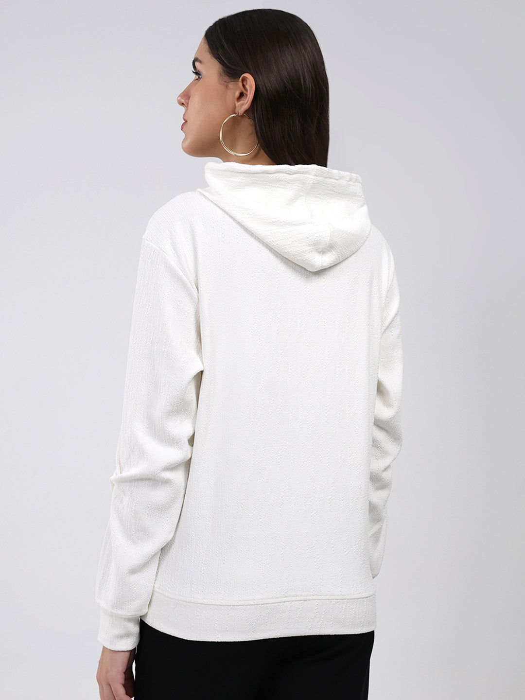 Women White Printed Hooded Full Sleeve Winter Top