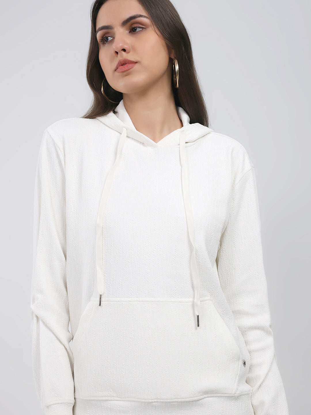 Women White Printed Hooded Full Sleeve Winter Top