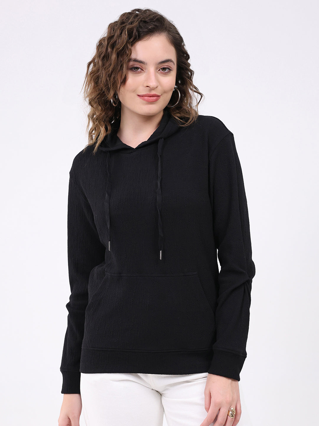 Women Black Printed Hooded Full Sleeve Winter Top