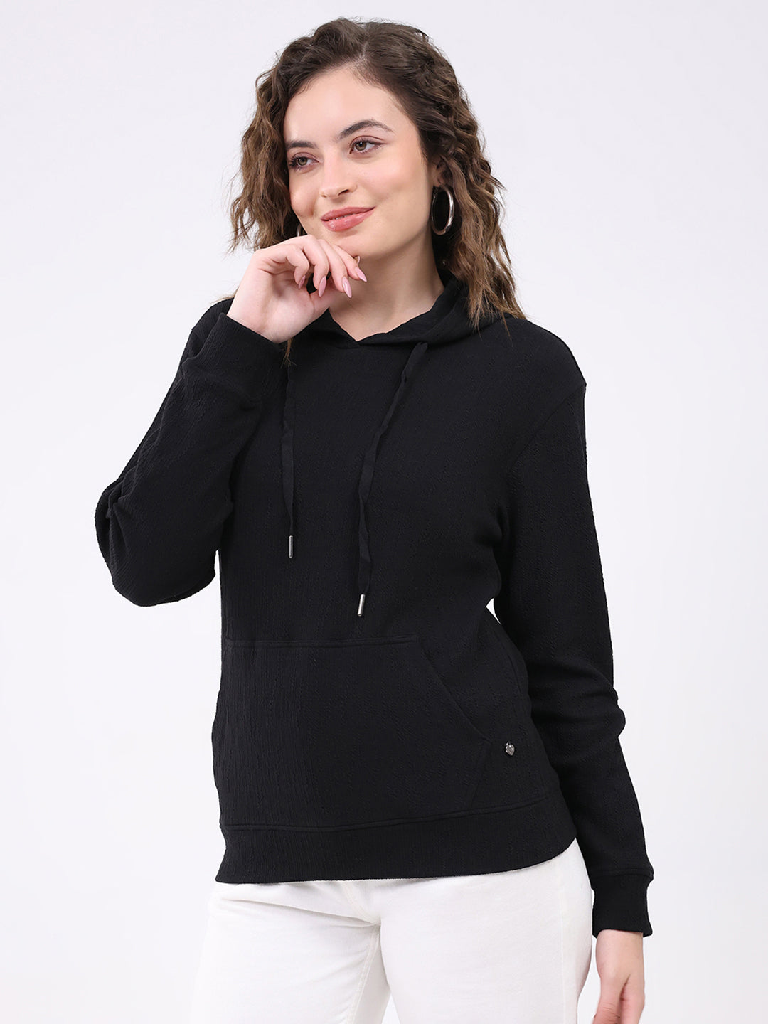 Women Black Printed Hooded Full Sleeve Winter Top