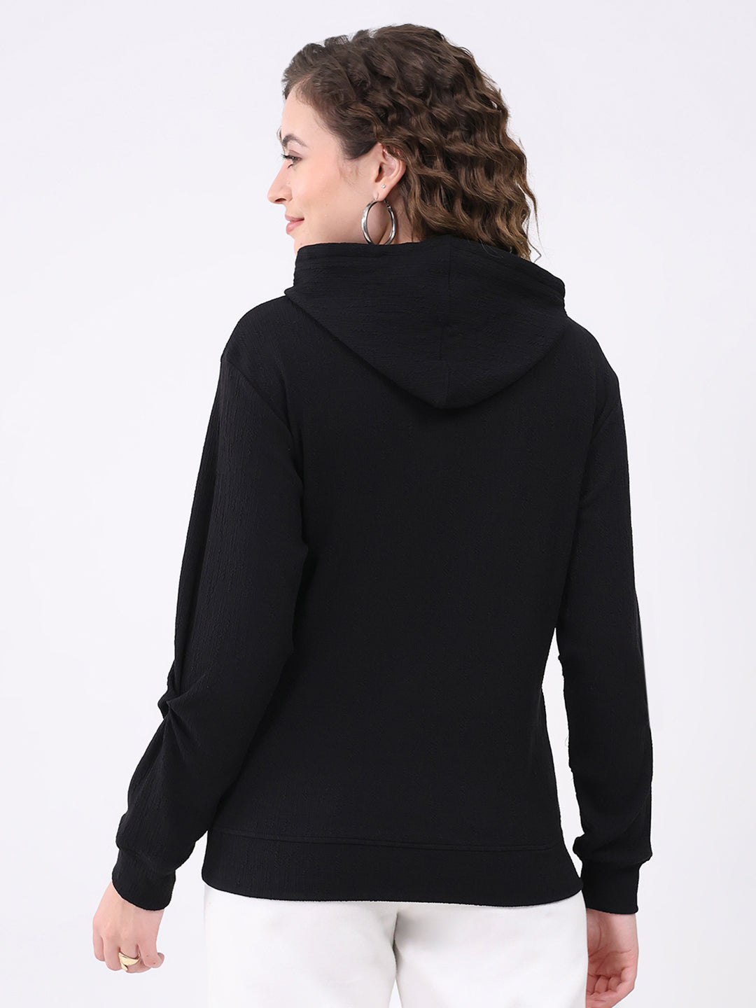 Women Black Printed Hooded Full Sleeve Winter Top