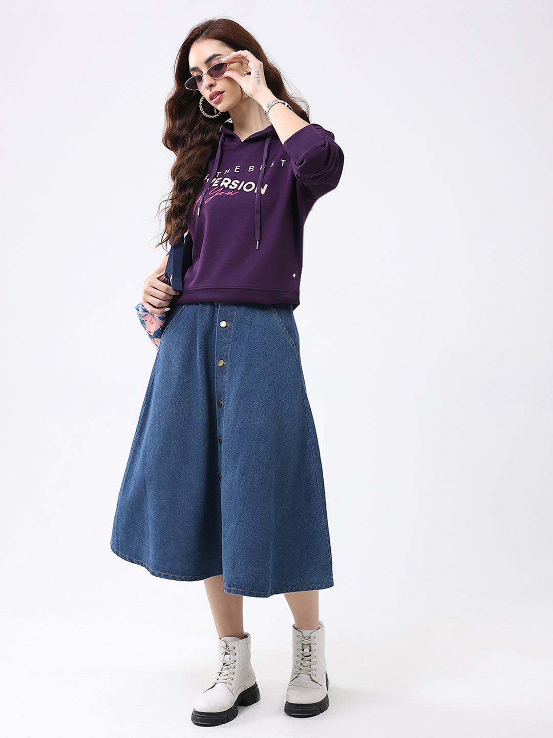 Women Purple Printed Hooded Full Sleeve Winter Top