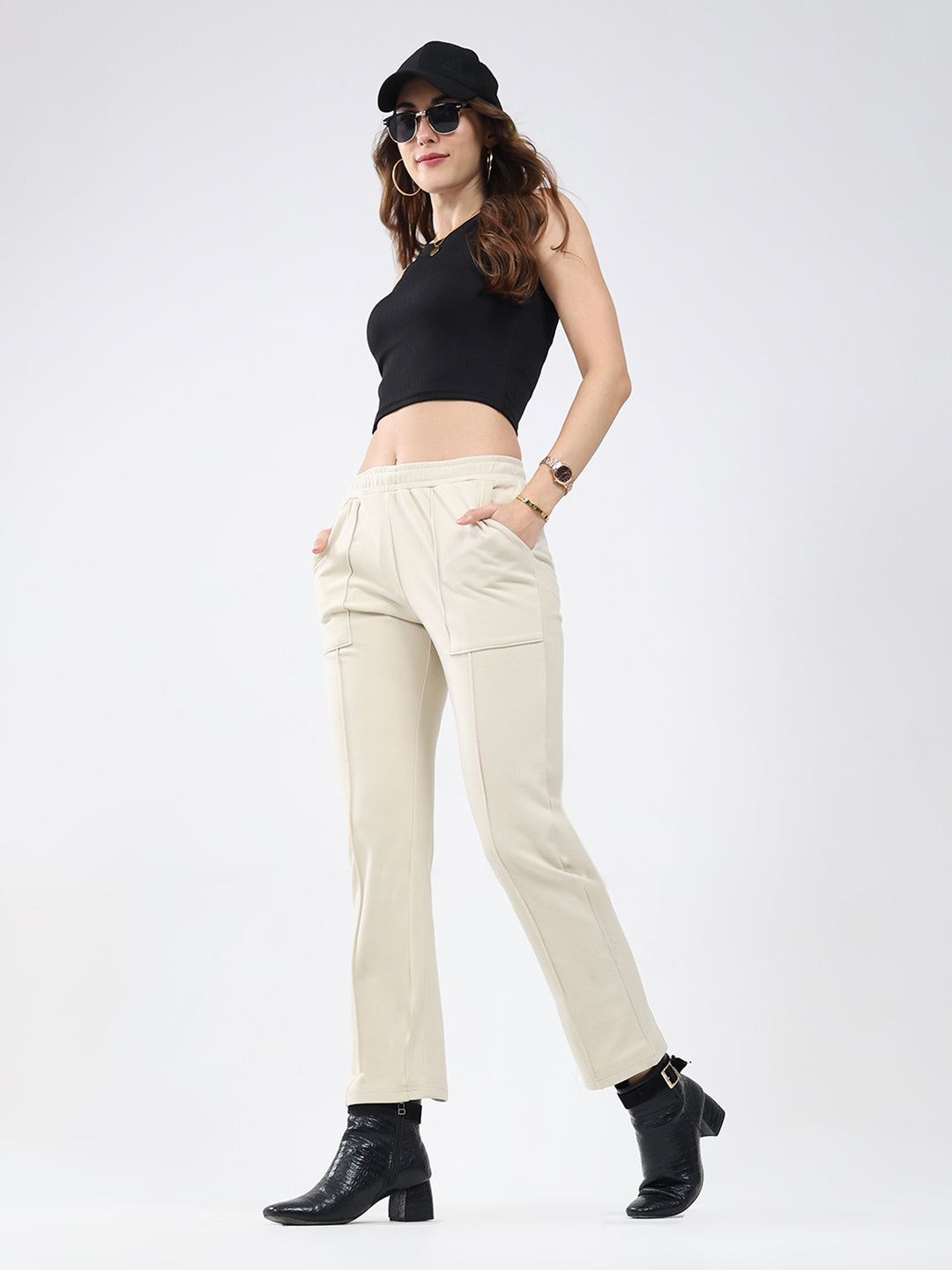 Women Cream Solid Regular Fit Winter Lower