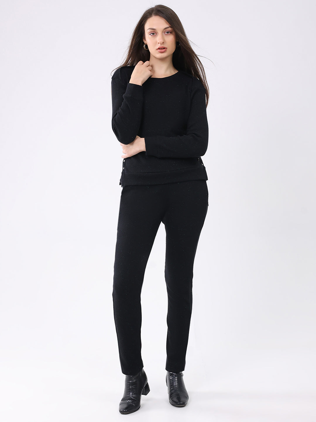 Women Black Self Design Round Neck Full Sleeve Cords Set