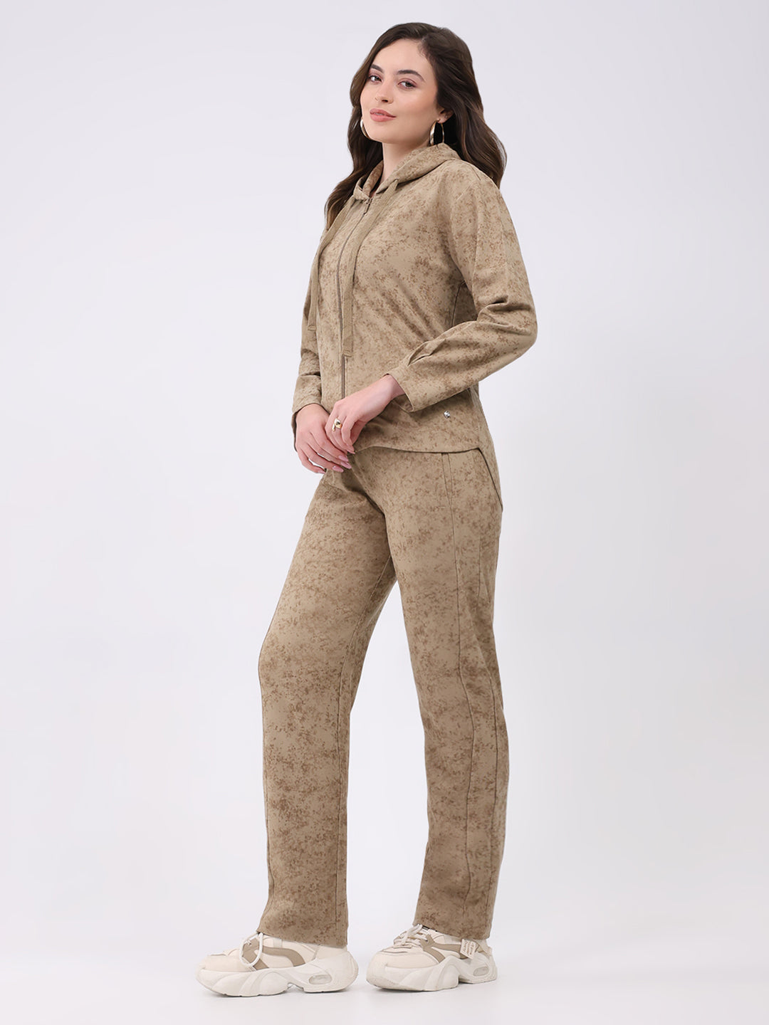 Women Beige Printed Hooded Full Sleeve Cords Set