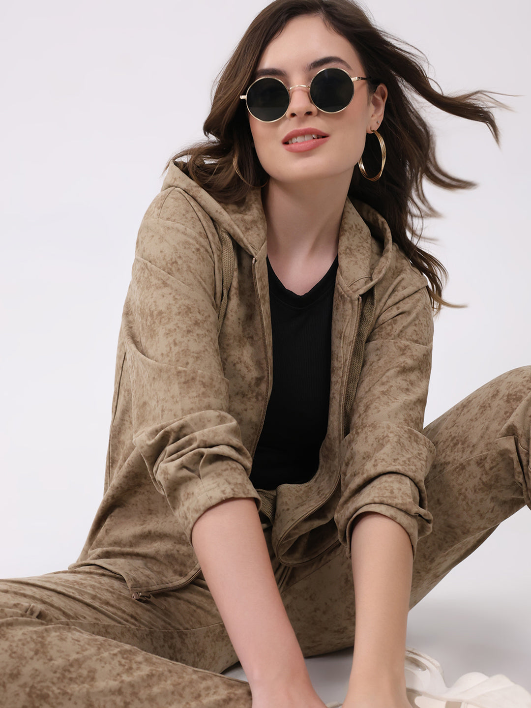 Women Beige Printed Hooded Full Sleeve Cords Set