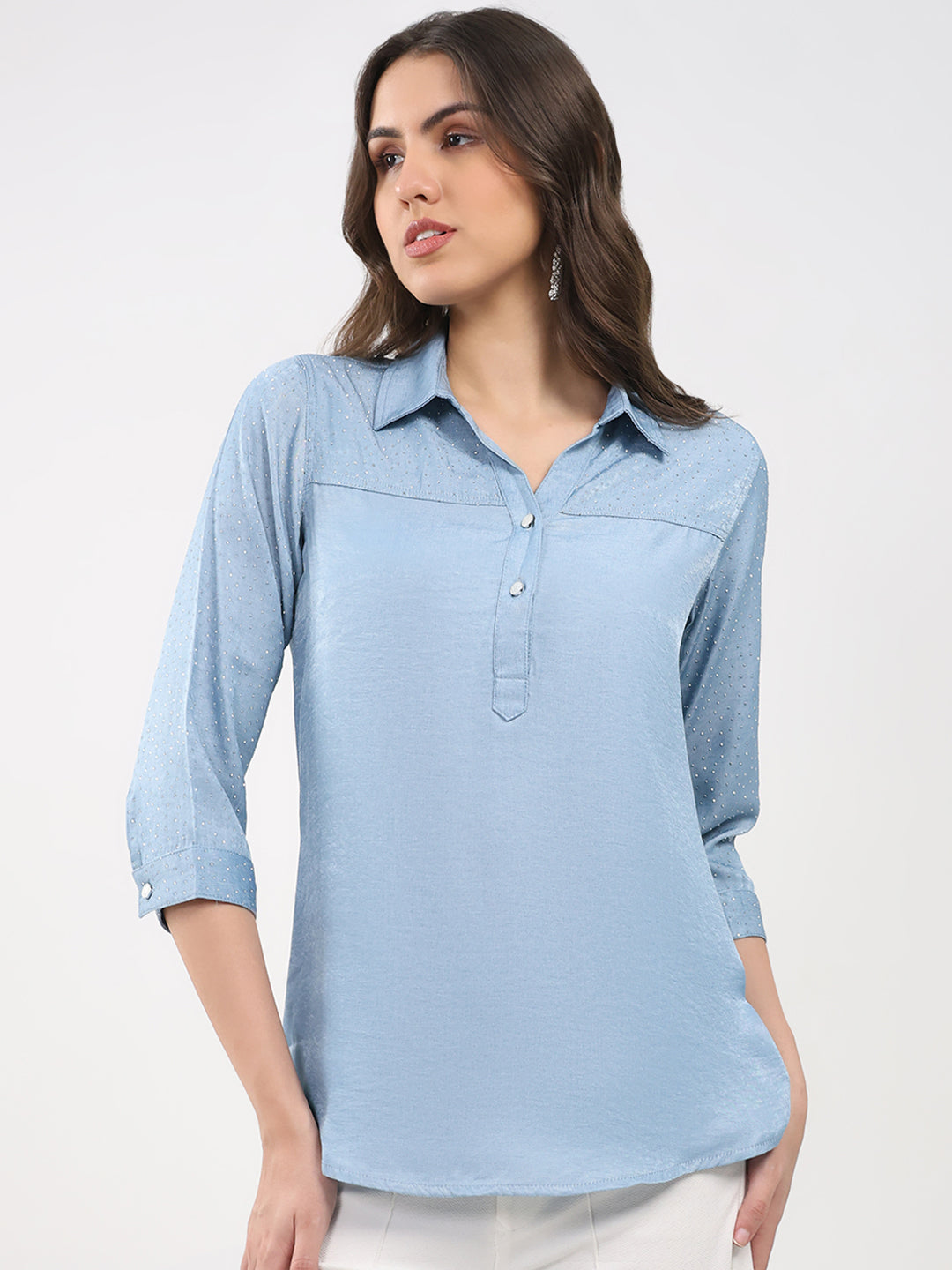 Women Blue Printed Collar 3/4th Sleeve Winter Top