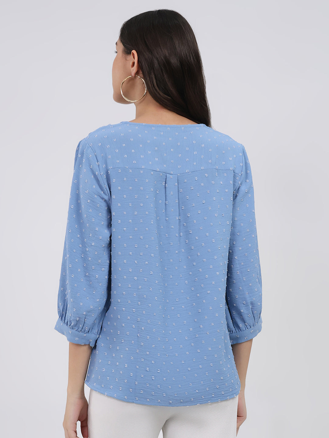 Women Blue Printed Front Open 3/4th Sleeve Winter Top