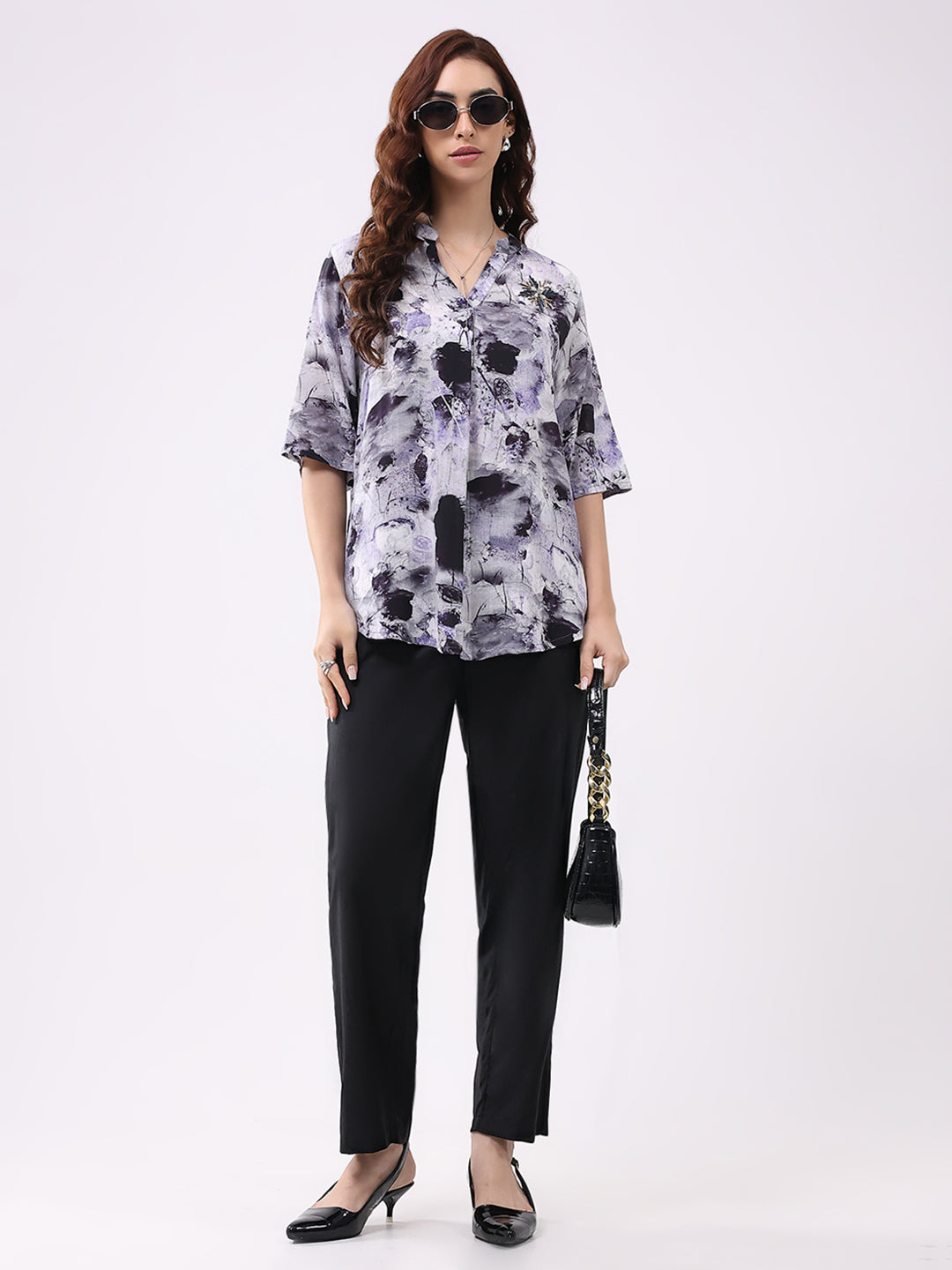 Women Purple Printed Band Neck 3/4th Sleeve Cords Set