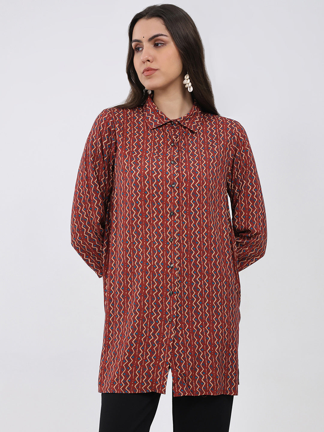 Women Maroon Printed Collar 3/4th Sleeve Winter Kurti