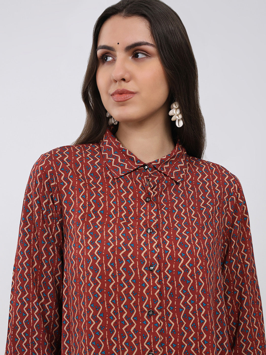 Women Maroon Printed Collar 3/4th Sleeve Winter Kurti