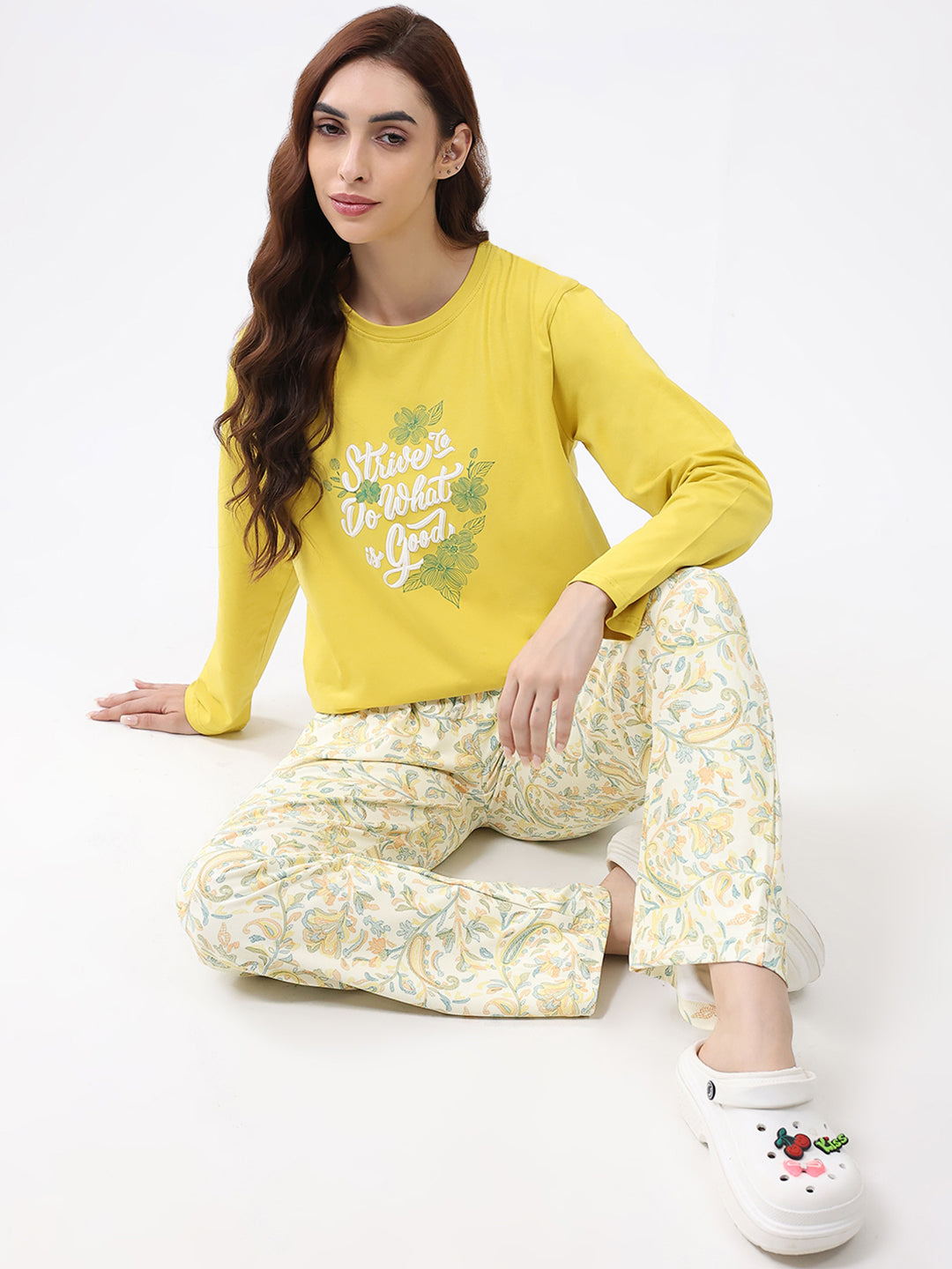 Women Yellow Printed Round Neck Full Sleeve Lower Set