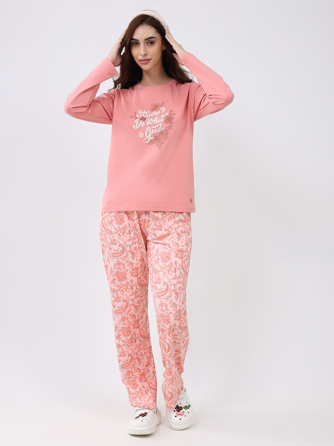 Women Peach Printed Round Neck Full Sleeve Lower Set