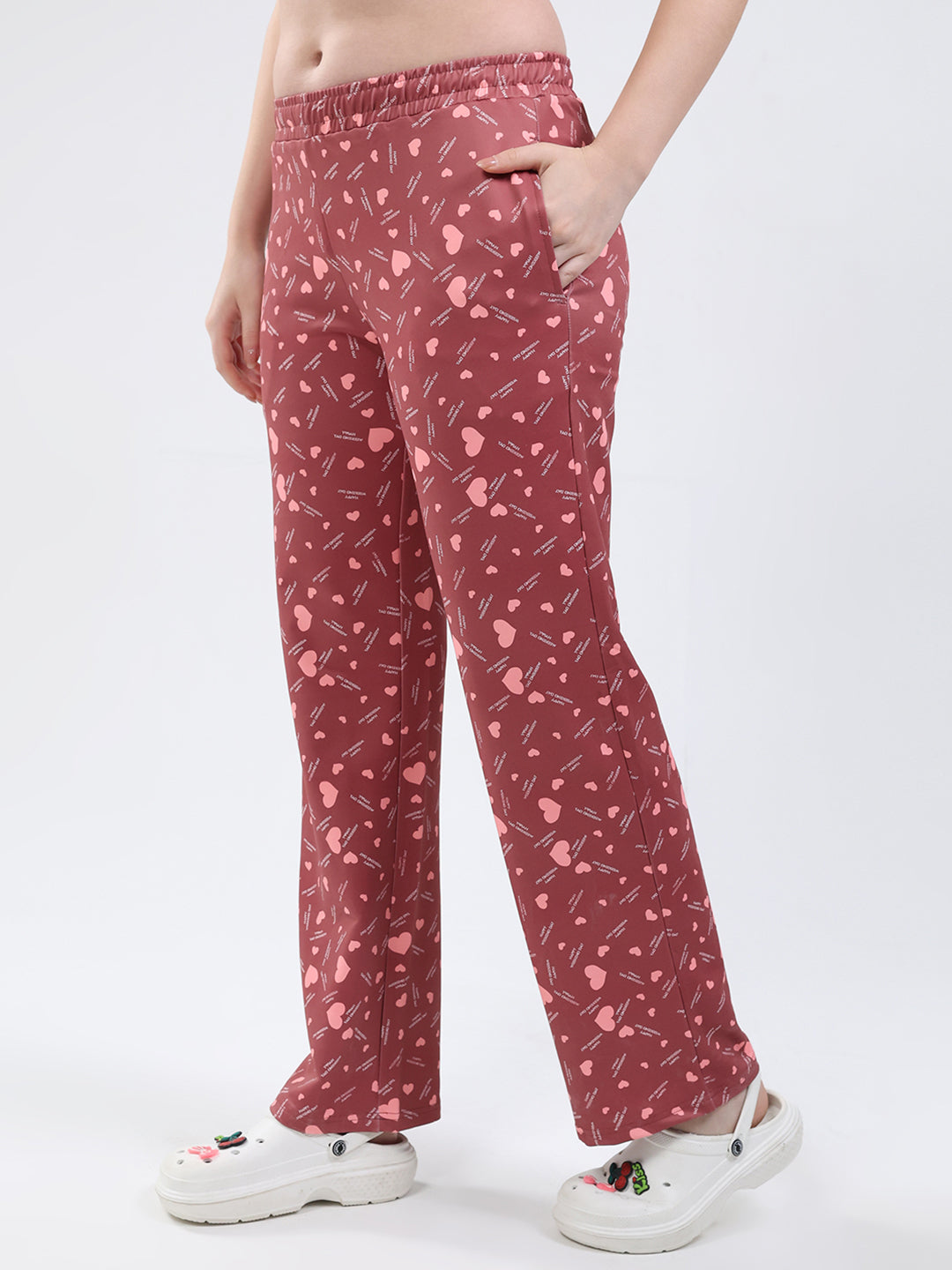 Women Peach Printed Round Neck Full Sleeve Lower Set