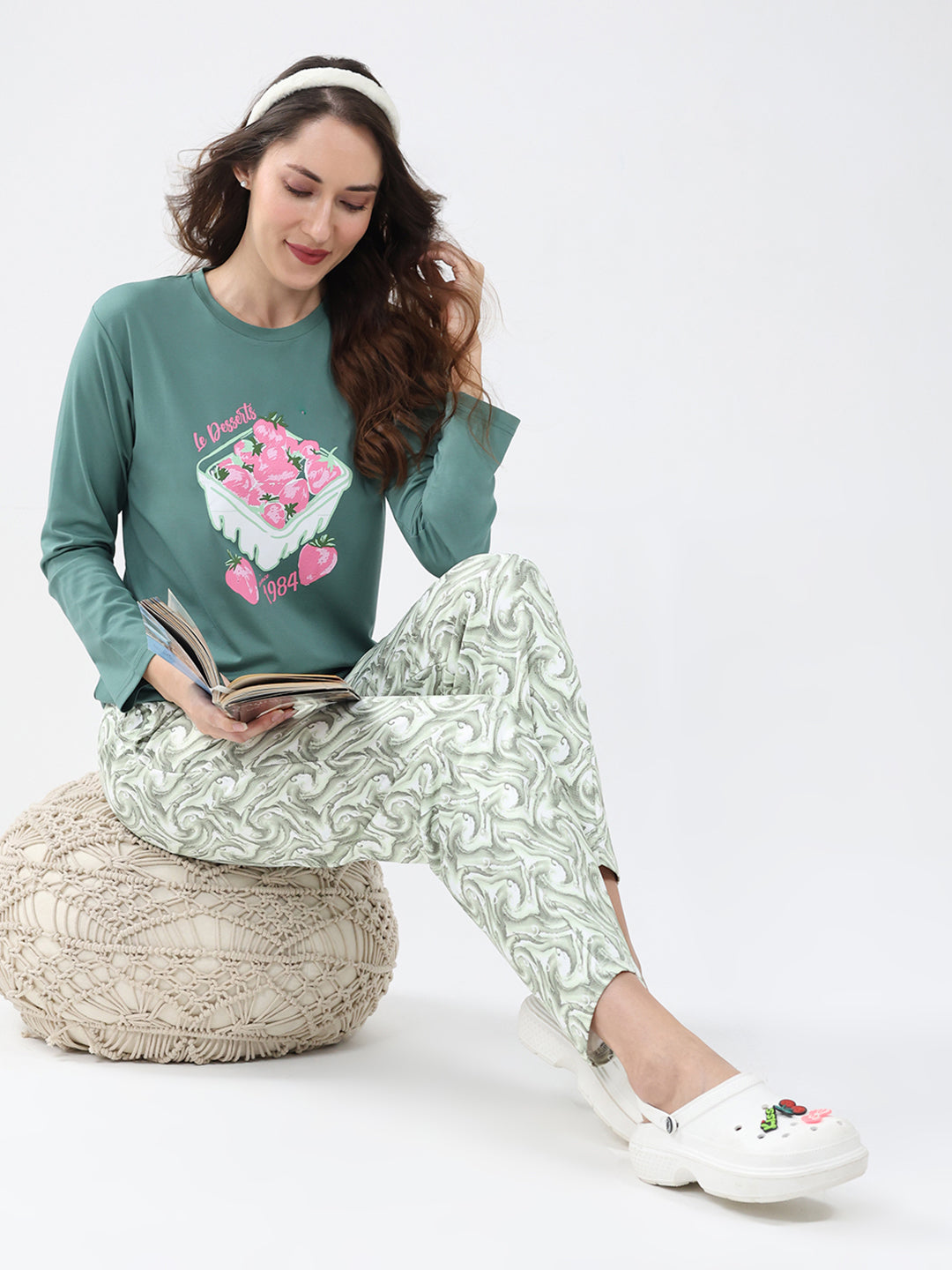 Women Green Printed Round Neck Full Sleeve Lower Set