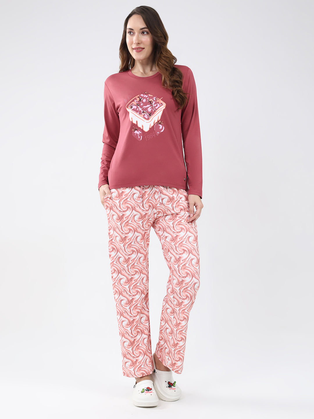 Women Pink Printed Round Neck Full Sleeve Lower Set