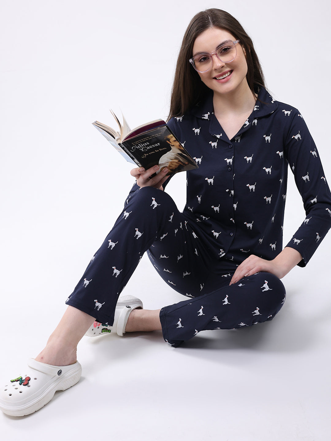 Women Navy Blue Printed Collar Full Sleeve Lower Set