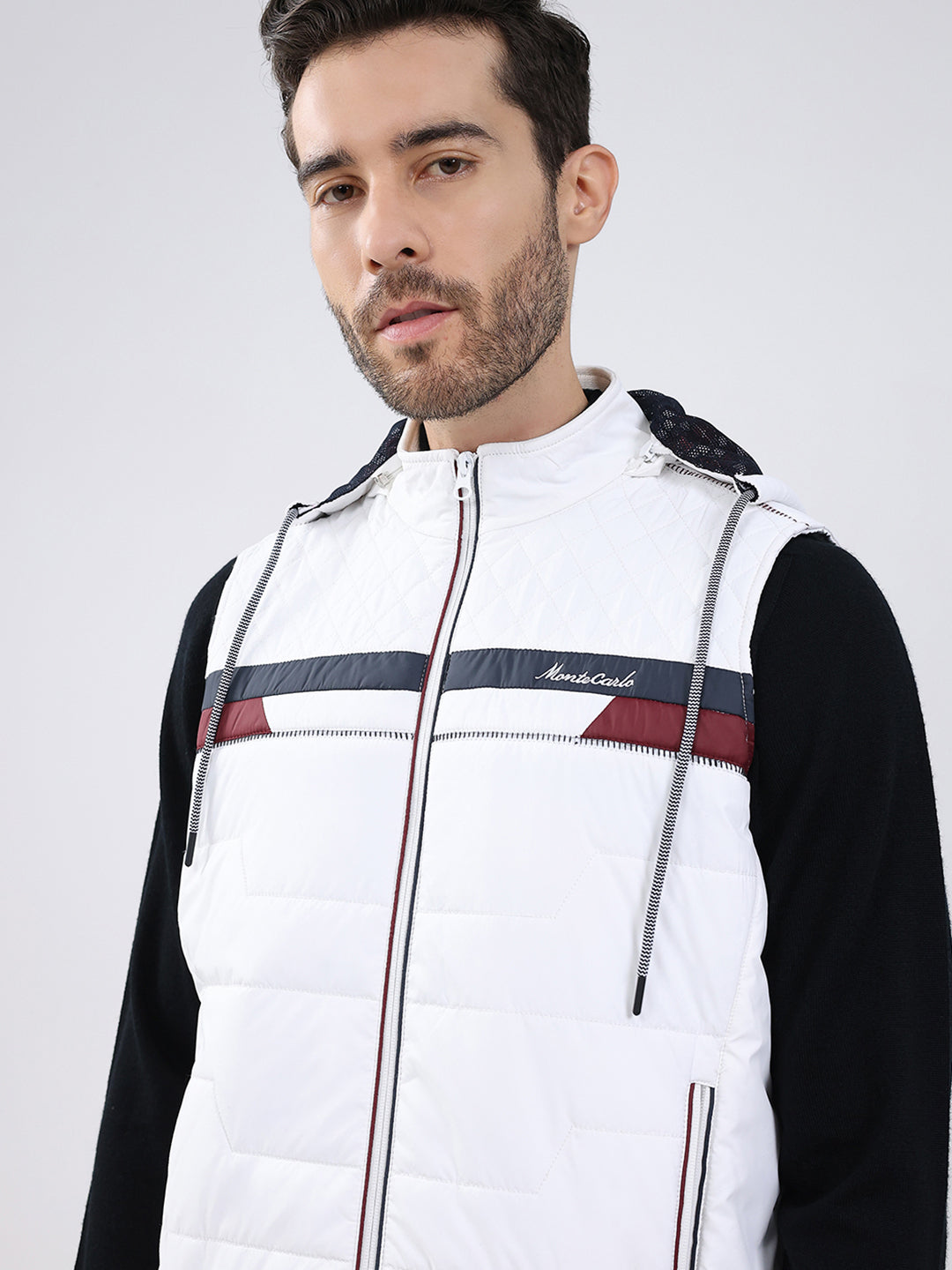 Men White Solid Detachable Hood Sleeveless Jacket
