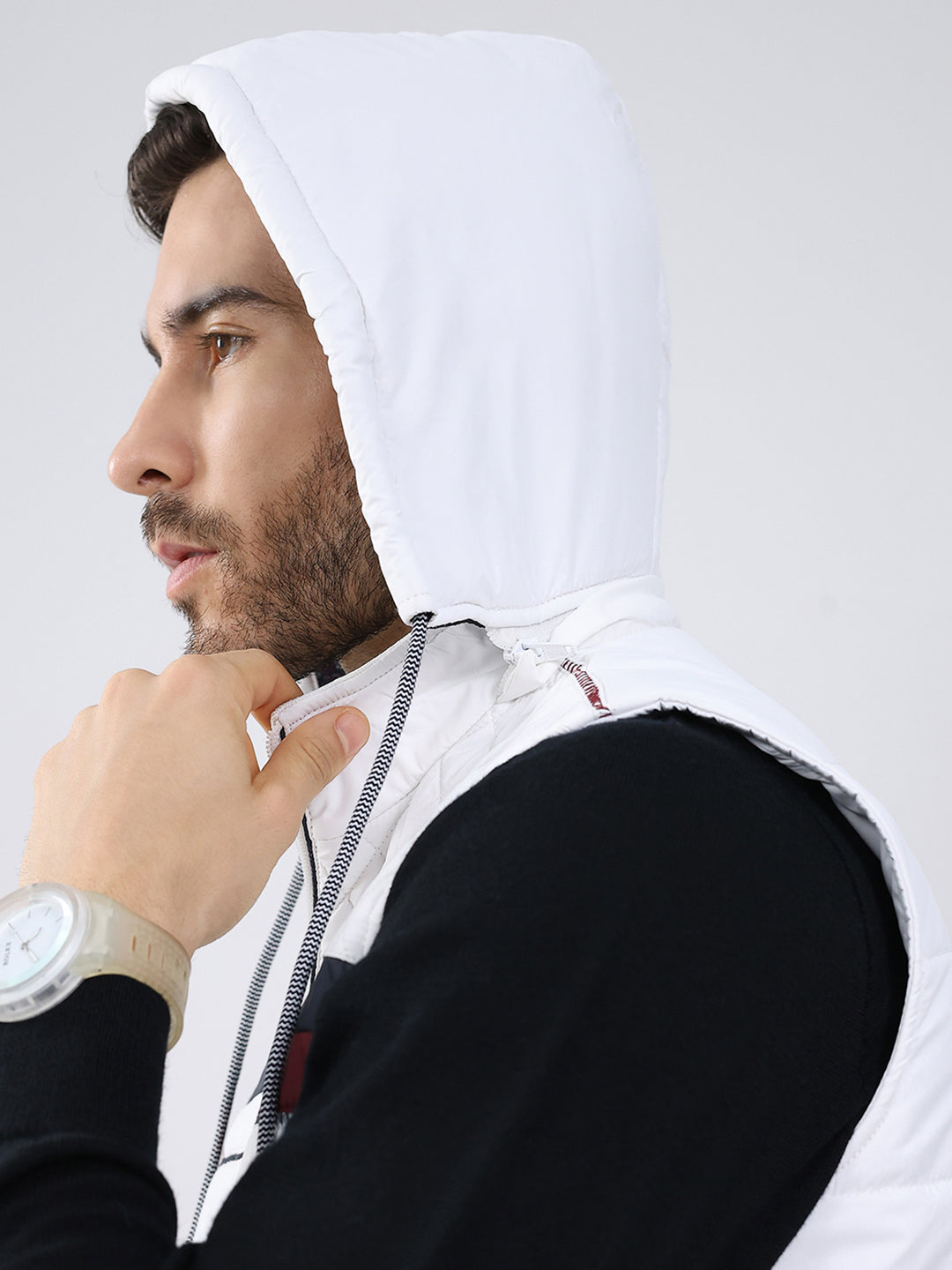 Men White Solid Detachable Hood Sleeveless Jacket