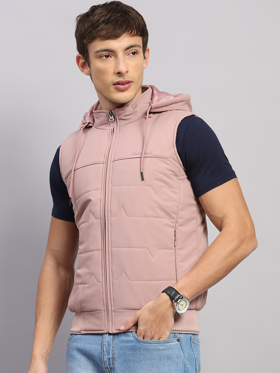 Men Peach Solid Hooded Sleeveless Jacket