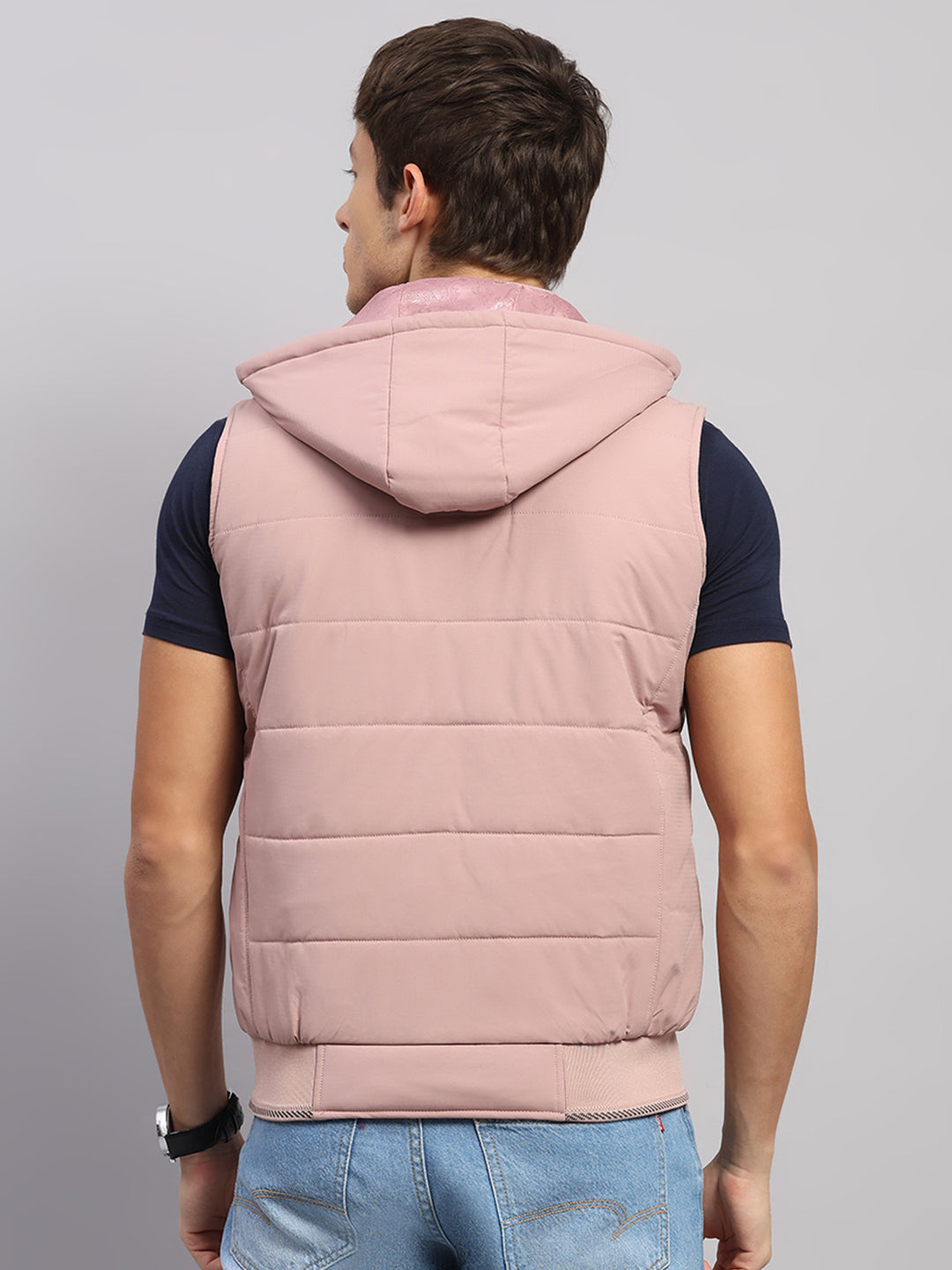 Men Peach Solid Hooded Sleeveless Jacket