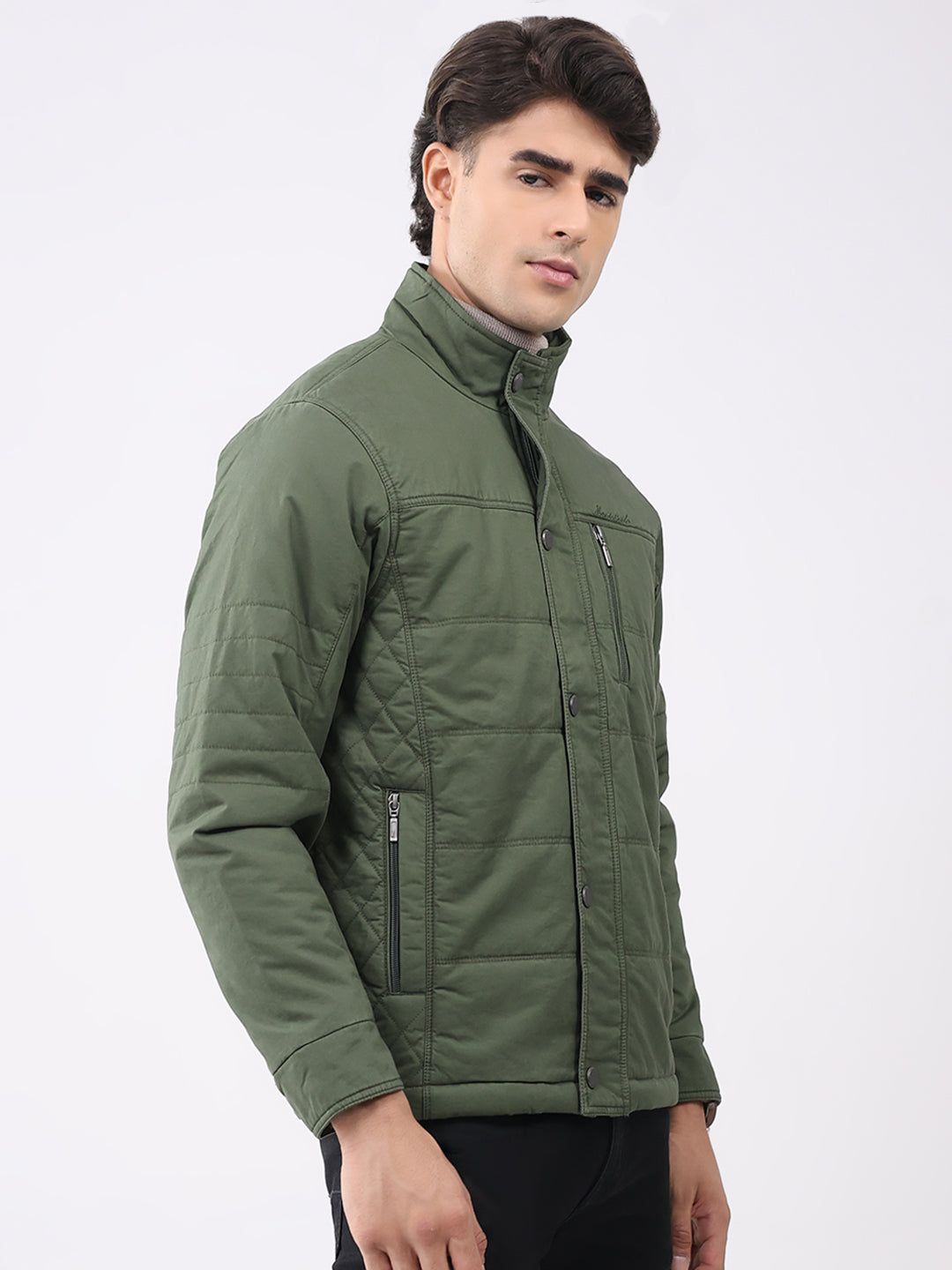 Men Olive Solid Collar Full Sleeve Jacket