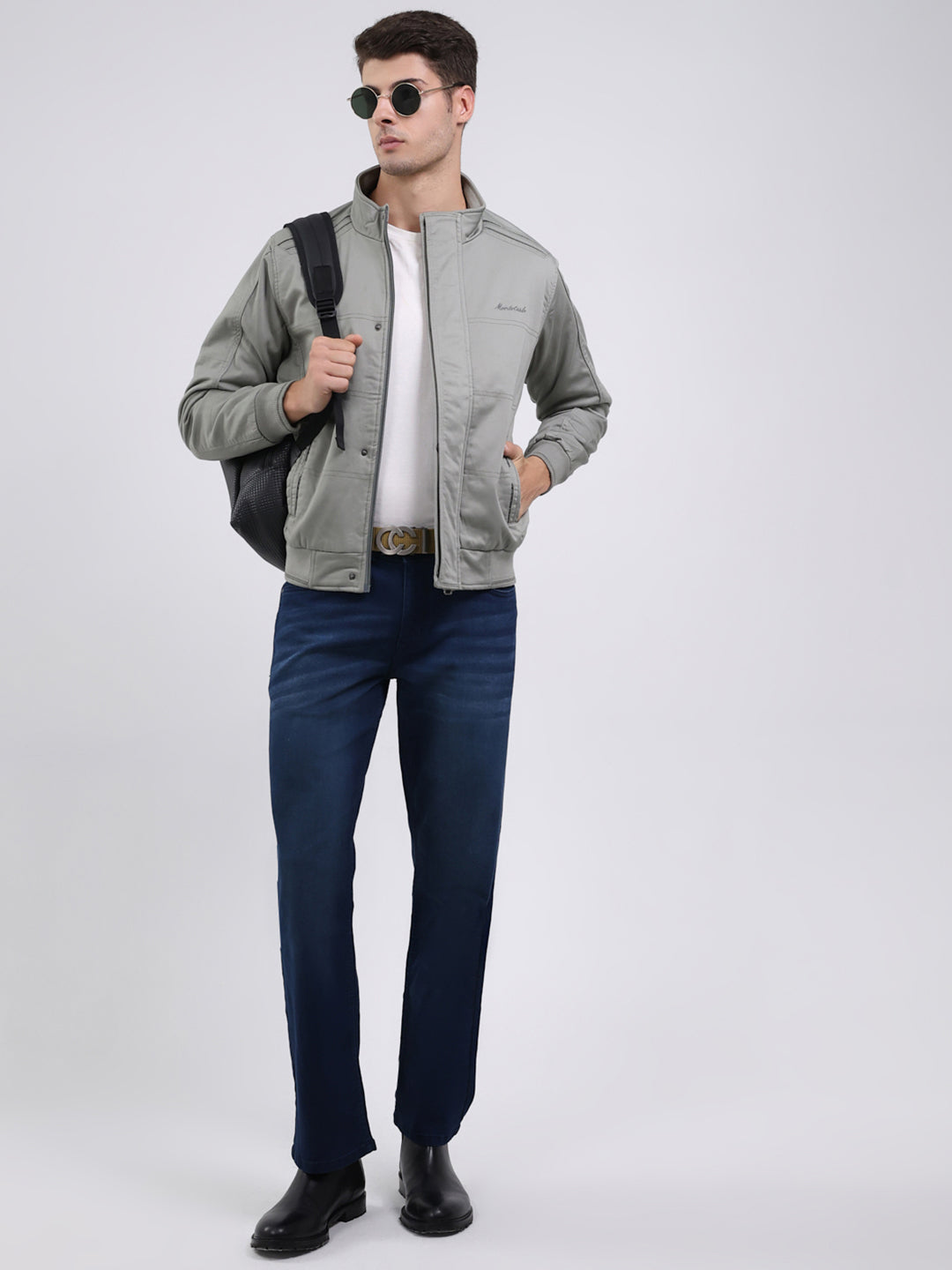 Men Green Solid Mock Neck Full Sleeve Jacket