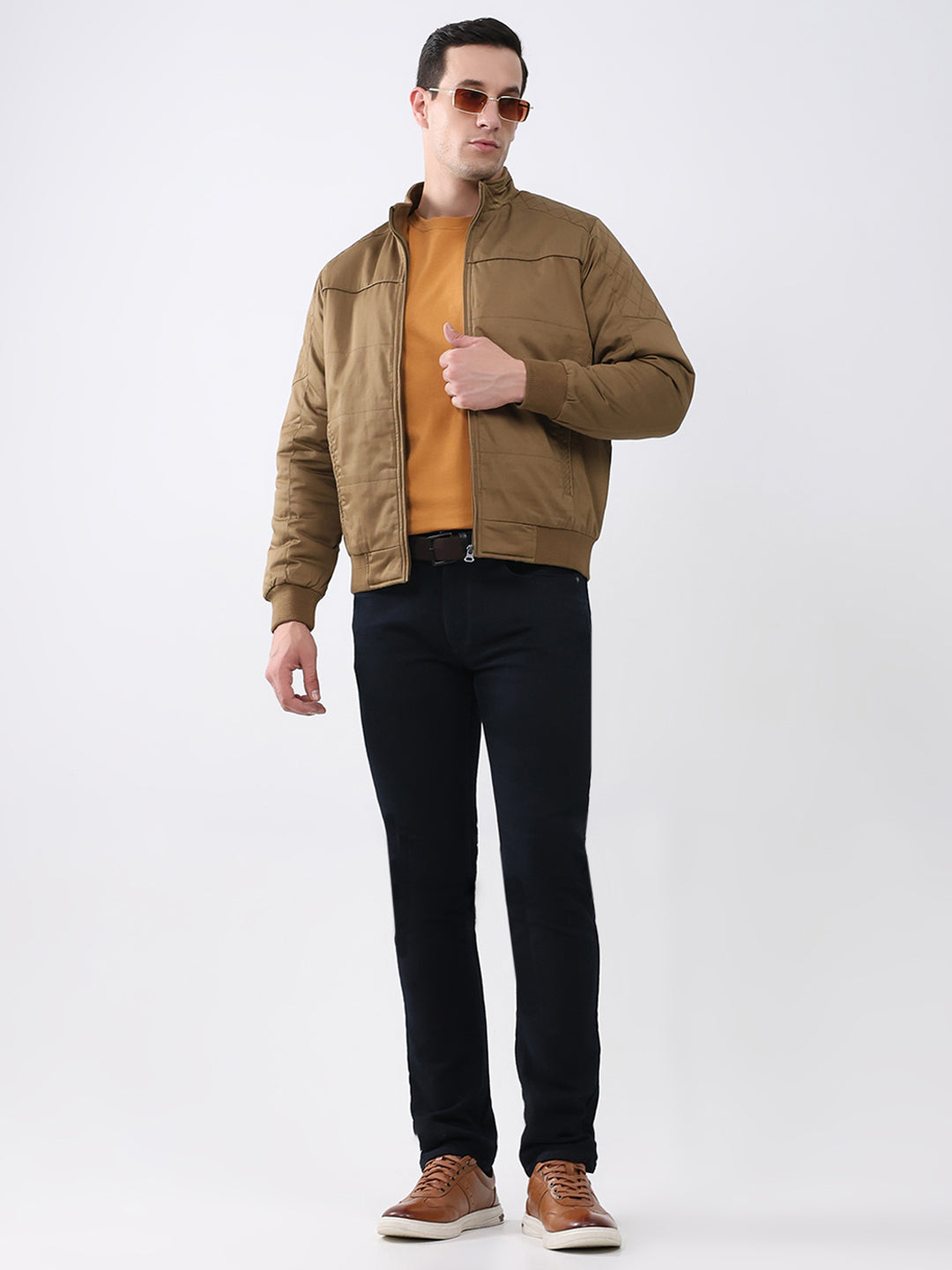 Men Brown Solid Mock Neck Full Sleeve Jacket