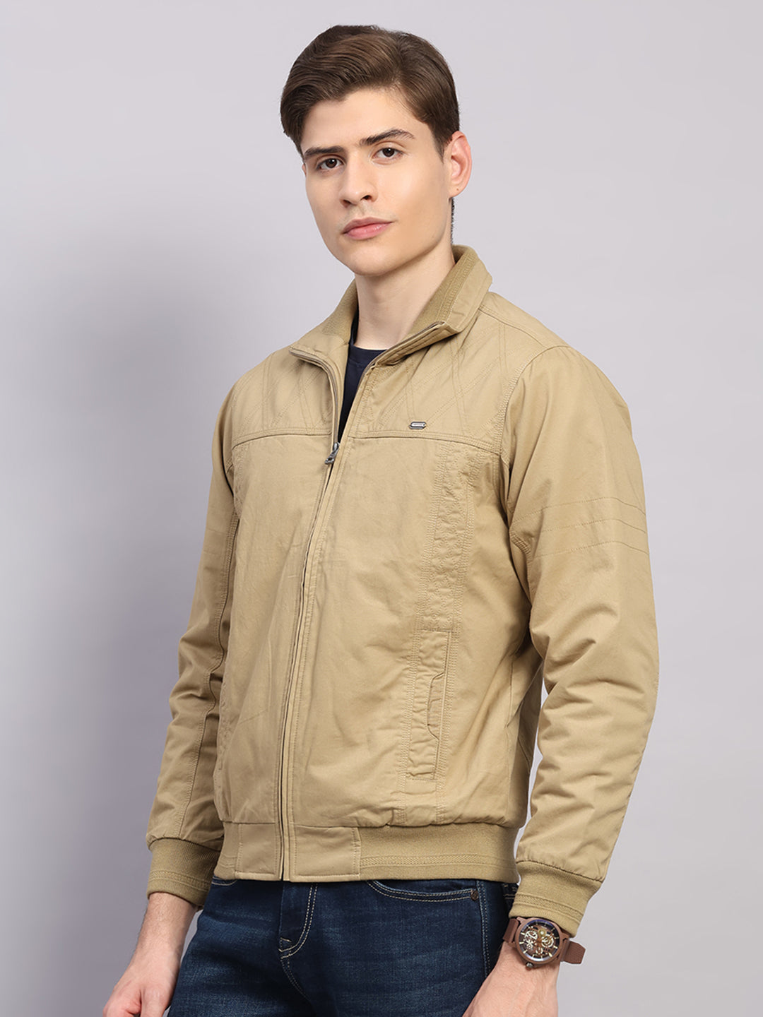 Men Khaki Solid Collar Full Sleeve Jacket