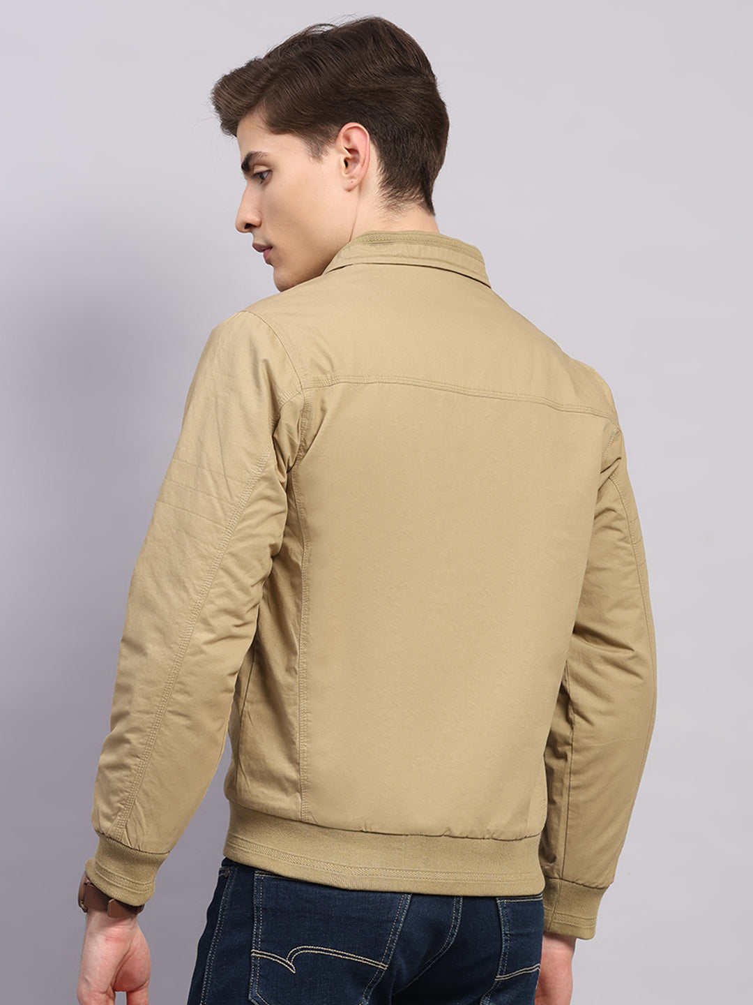 Men Khaki Solid Collar Full Sleeve Jacket