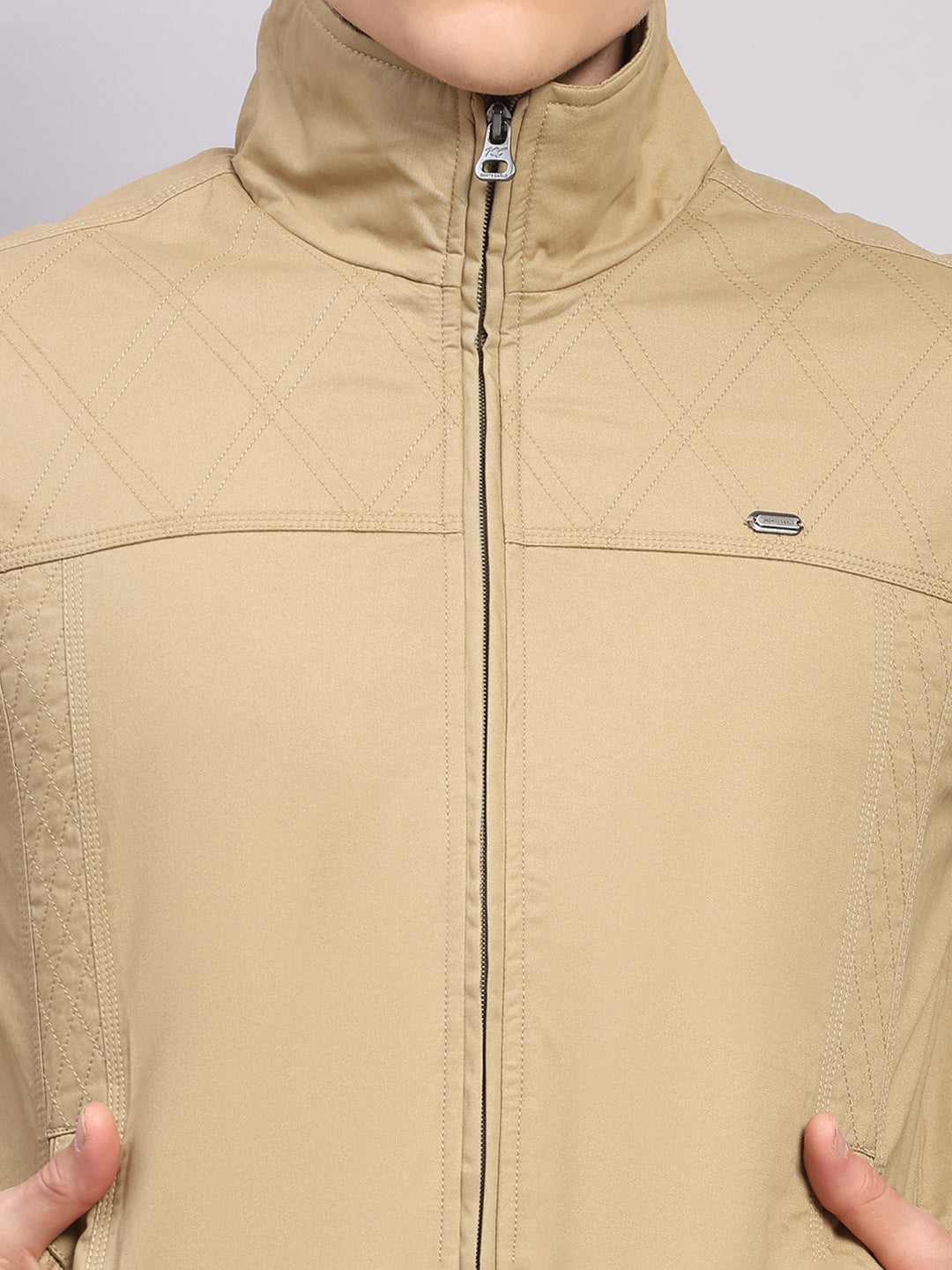 Men Khaki Solid Collar Full Sleeve Jacket