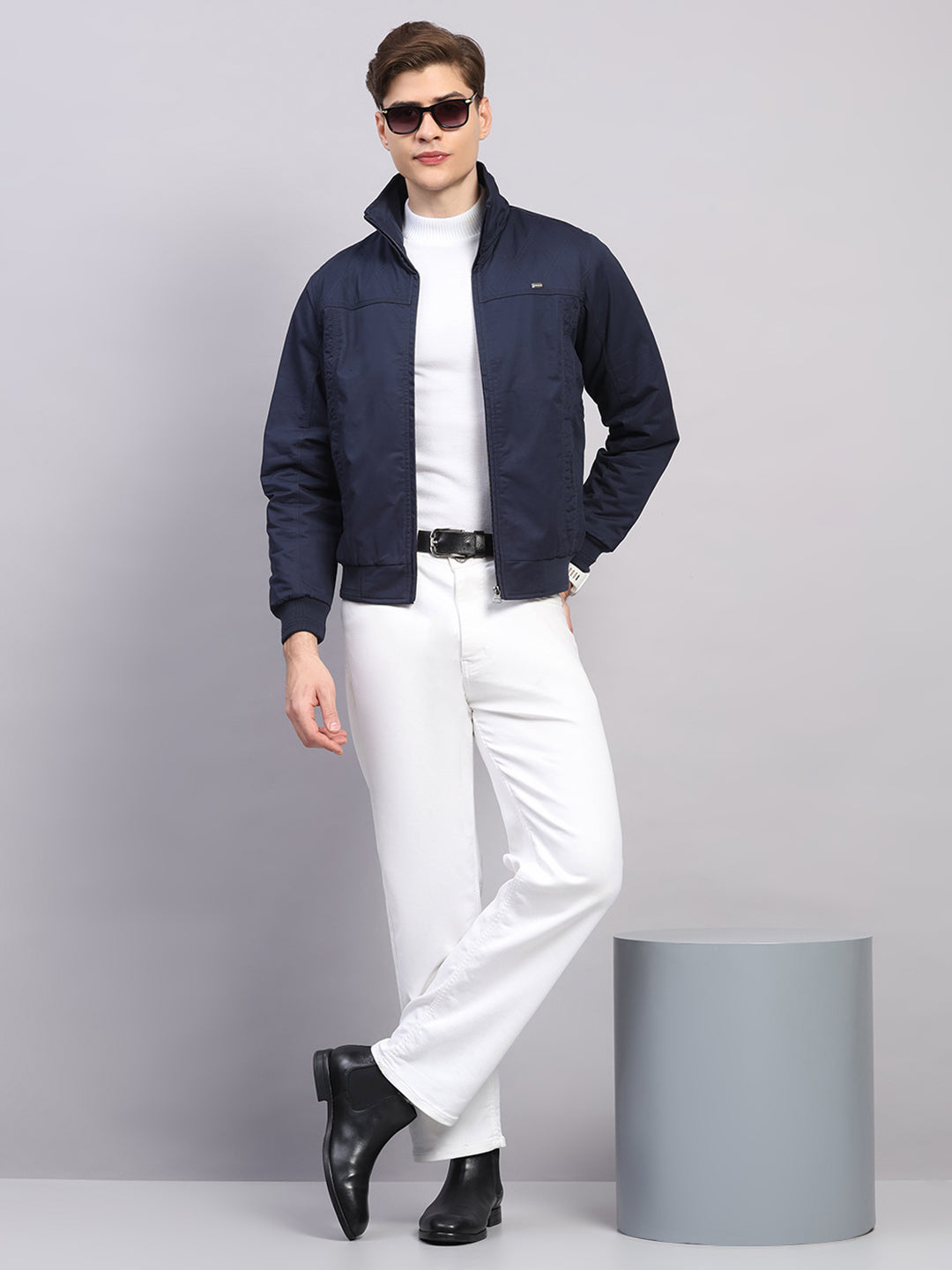 Men Navy Blue Solid Collar Full Sleeve Jacket