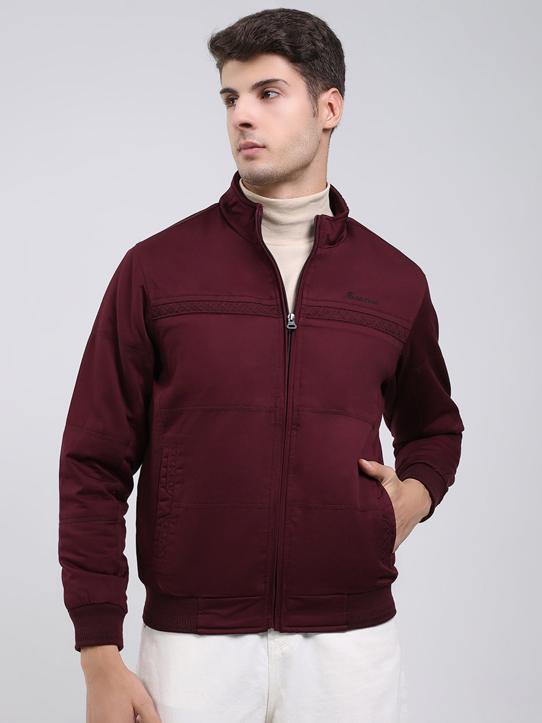 Men Burgundy Solid Mock Neck Full Sleeve Jacket