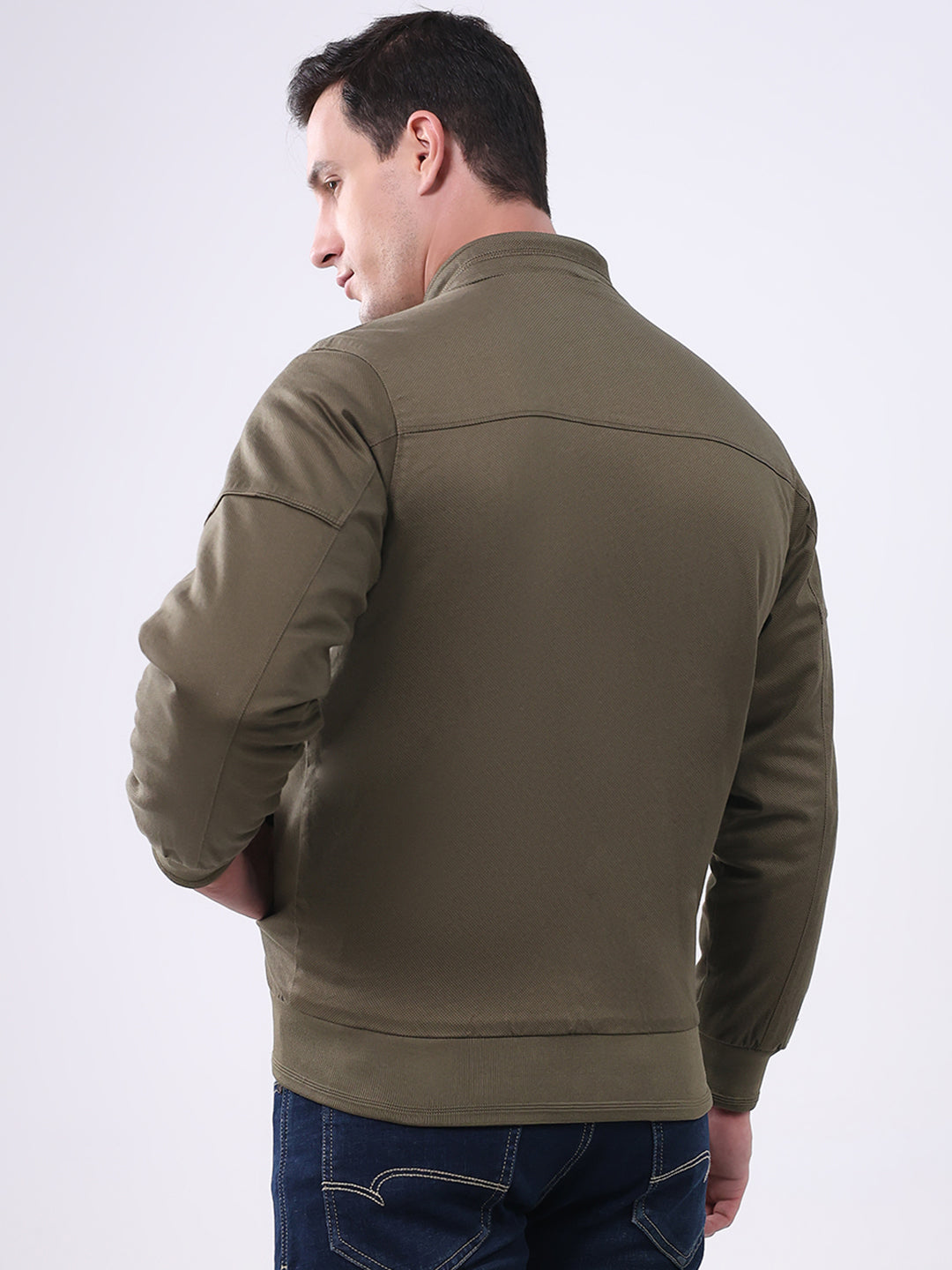 Men Olive Solid Mock Neck Full Sleeve Jacket