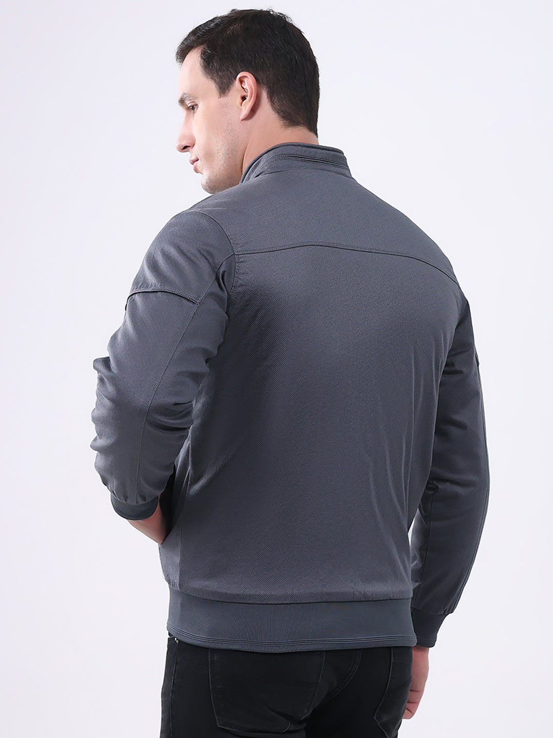 Men Grey Solid Mock Neck Full Sleeve Jacket