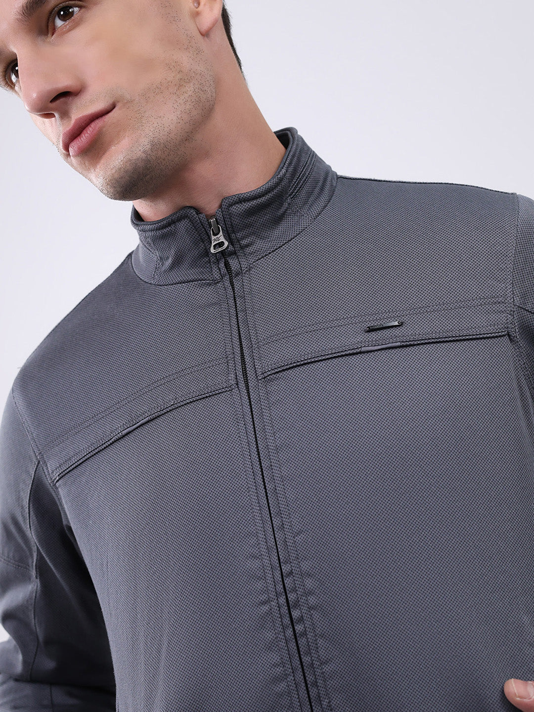 Men Grey Solid Mock Neck Full Sleeve Jacket